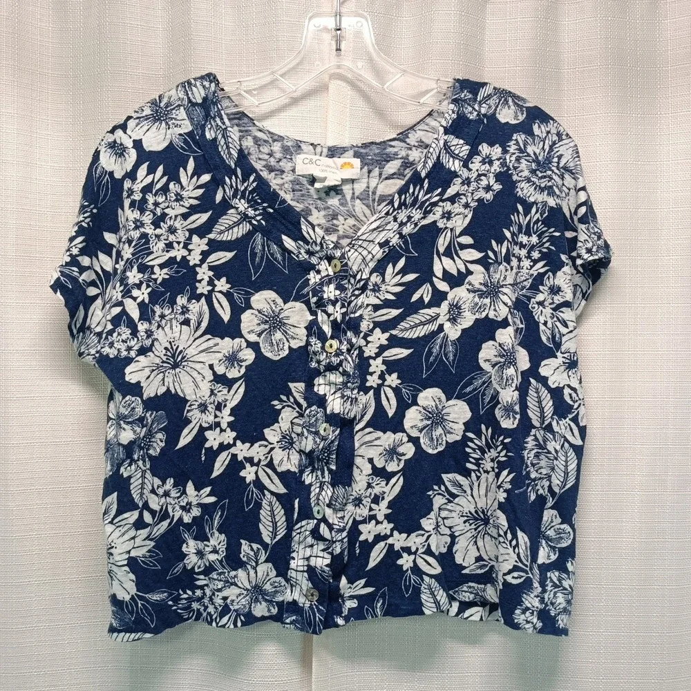 C&C California Women L Navy Blue White Floral 100% Linen Button Front Top Beach